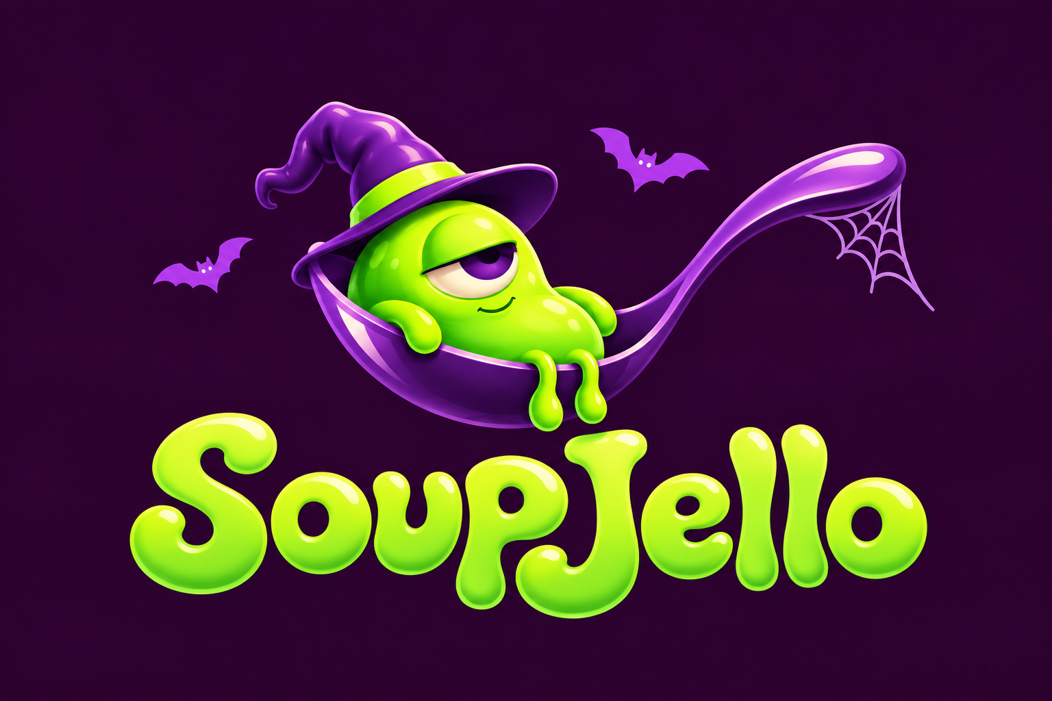 SoupJello — a lime jelly creature in a purple spoon, wearing a witch hat