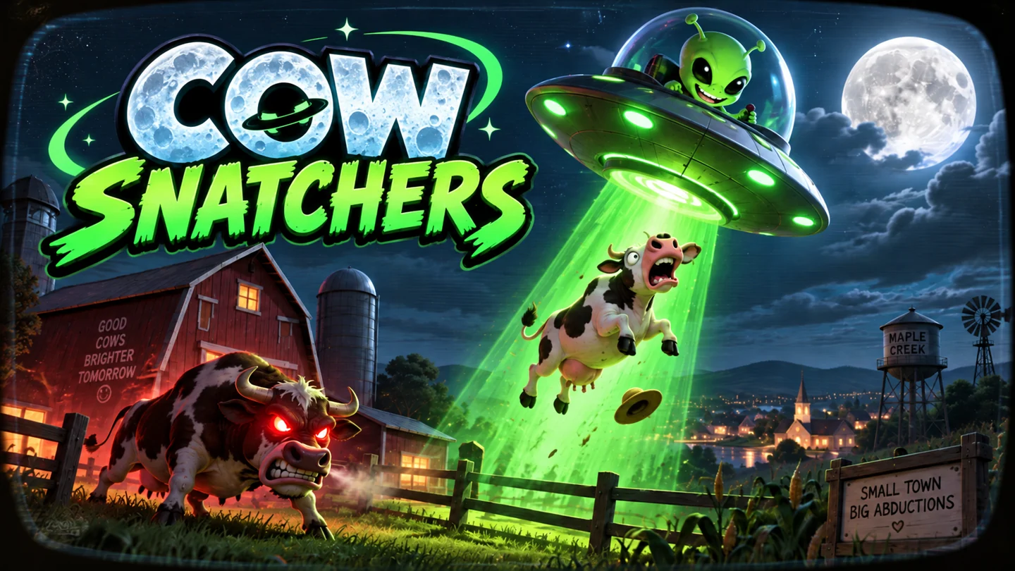 A green alien beams a startled cow aboard a UFO over a moonlit farm. Cow Snatchers.